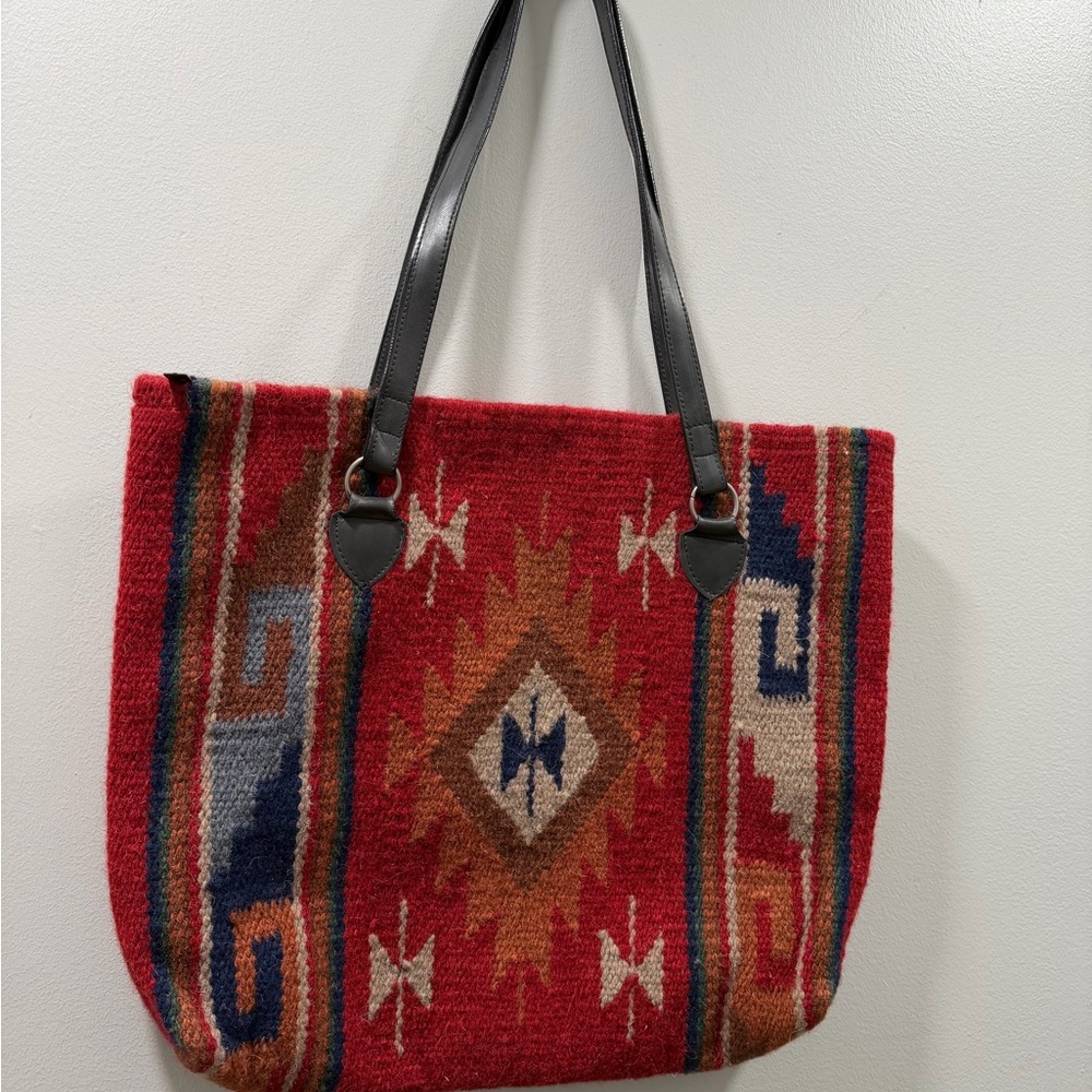 Red Southwestern Wool Tote Bag with Black Handles